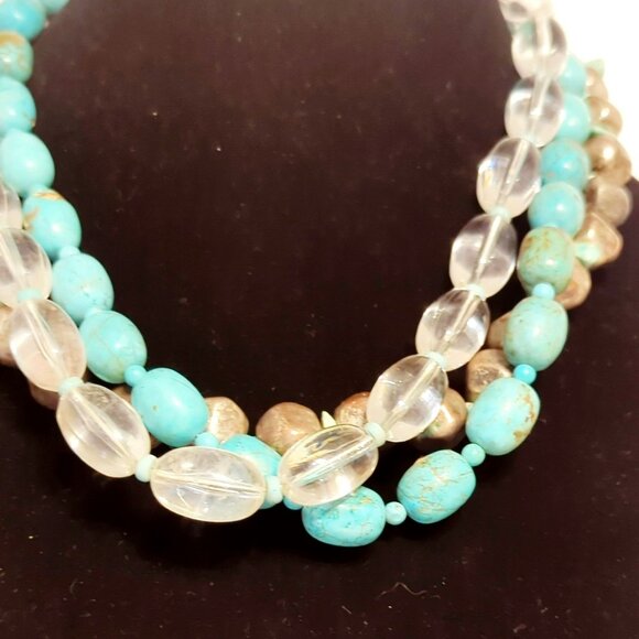 Vintage Chicos Chunky Multistrand Necklace With Faux Turquoise & Quartz Beads - Picture 3 of 5